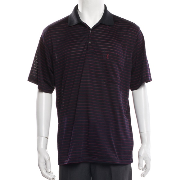 Yves Saint Laurent Vintage Silk Striped Polo Navy Blue Red Men’s Size Large - Picture 1 of 12